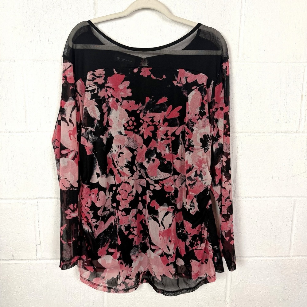 INC Womens Pink Floral Top Plus SZ 3X Mesh Sheer Ruched Career Maximalist Fairy